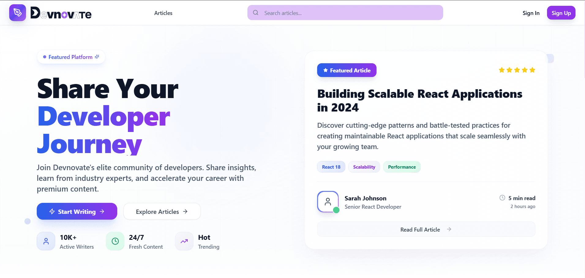 Modern blogging platform homepage.