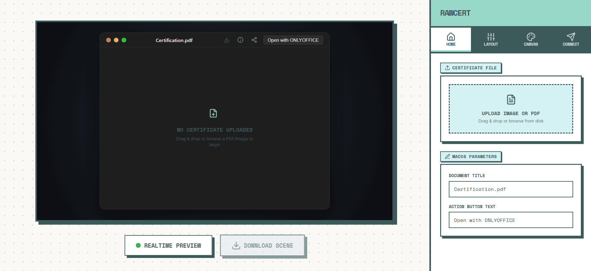 RawCert editor with Neo-Brutalist interface.